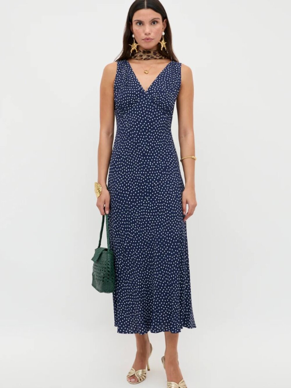RIXO Sandrine Midi Dress Mini Navy Polka Dot